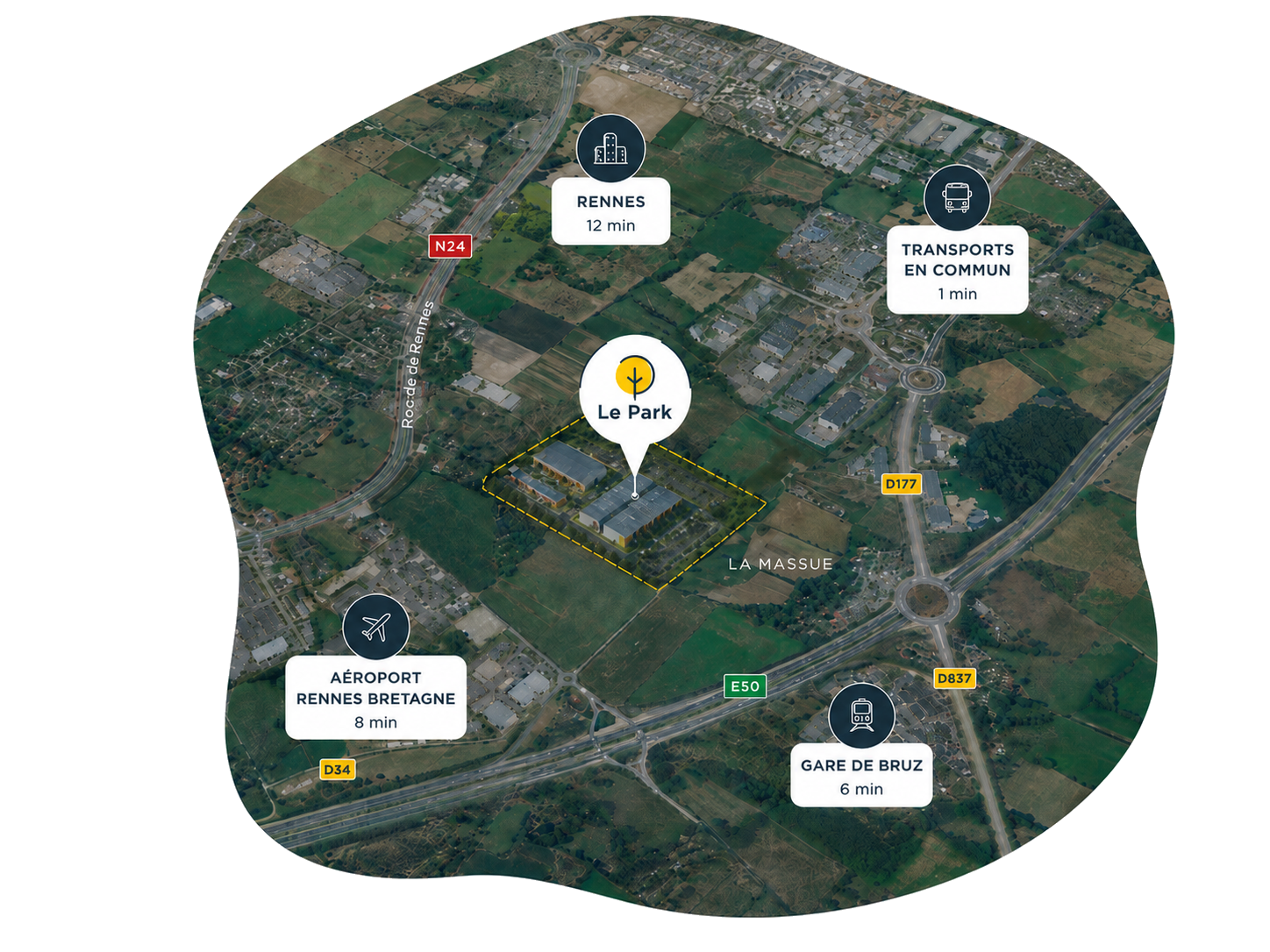 Carte aérienne de la localisation du Park à La Massue, avec Rennes, l’aéroport Rennes Bretagne, la gare de Bruz et les transports en commun