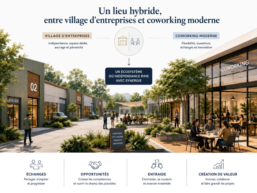Un lieu hybride, entre village d’entreprises et coworking moderne - schéma, visuel du site et valeurs : échanges, opportunités, entraide, création de valeur